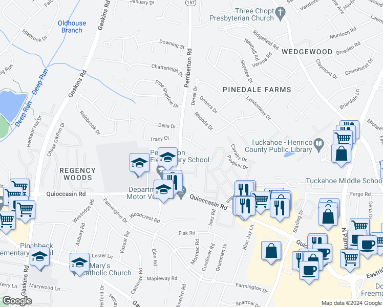 map of restaurants, bars, coffee shops, grocery stores, and more near 66 Dehaven Drive in Richmond