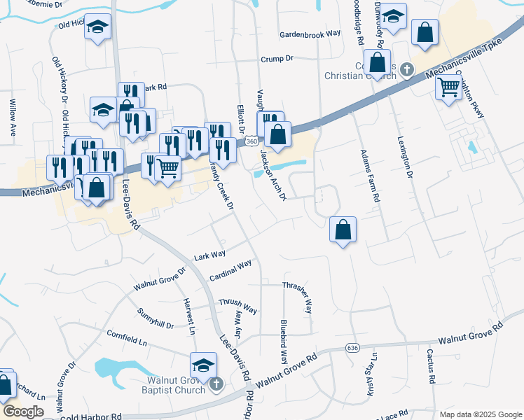 map of restaurants, bars, coffee shops, grocery stores, and more near 7395 Pine Drive in Mechanicsville