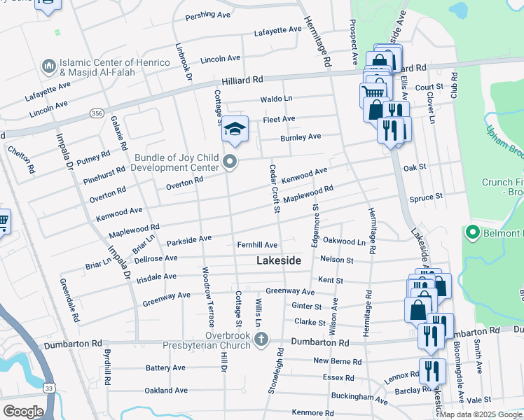 map of restaurants, bars, coffee shops, grocery stores, and more near 2607 Maplewood Road in Richmond