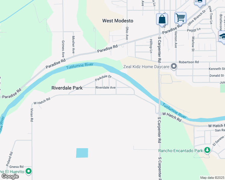 map of restaurants, bars, coffee shops, grocery stores, and more near 2457 West Hatch Road in Modesto