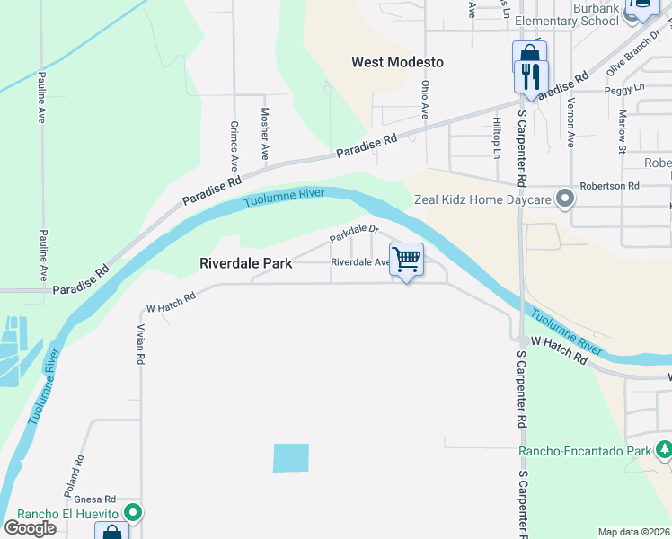 map of restaurants, bars, coffee shops, grocery stores, and more near 2561 West Hatch Road in Modesto