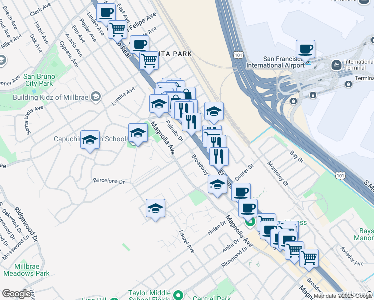 map of restaurants, bars, coffee shops, grocery stores, and more near 223 Millwood Drive in Millbrae