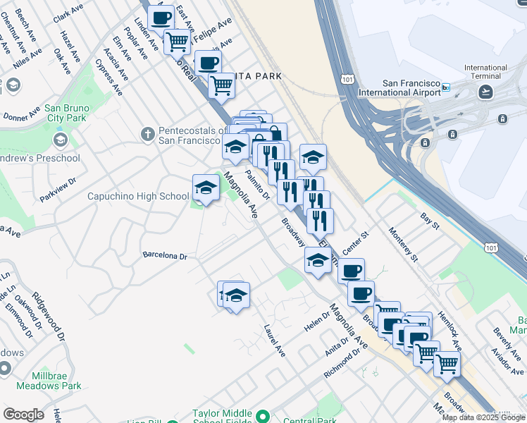 map of restaurants, bars, coffee shops, grocery stores, and more near 223 Millwood Drive in Millbrae