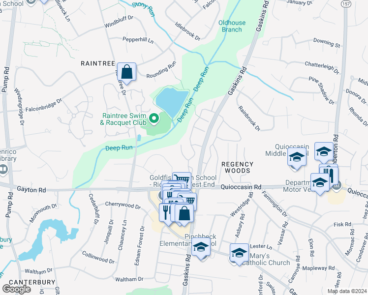 map of restaurants, bars, coffee shops, grocery stores, and more near 1559 United Court in Henrico