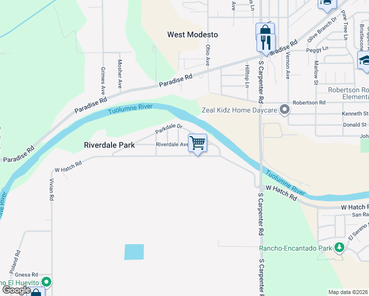 map of restaurants, bars, coffee shops, grocery stores, and more near 2457 West Hatch Road in Modesto