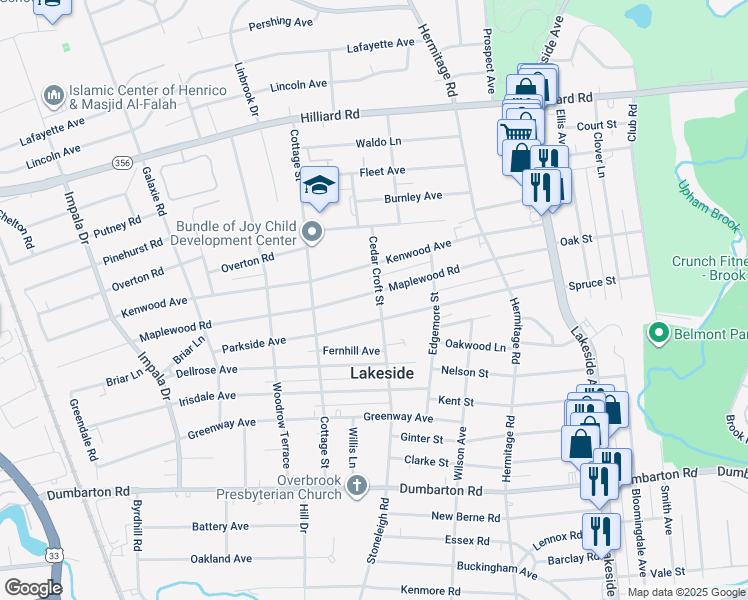map of restaurants, bars, coffee shops, grocery stores, and more near 2603 Maplewood Road in Richmond