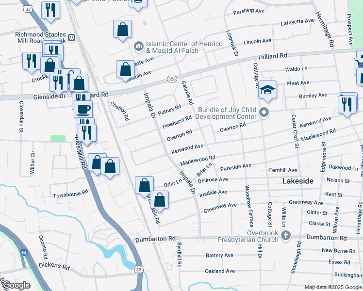 map of restaurants, bars, coffee shops, grocery stores, and more near 2915 Kenwood Avenue in Richmond