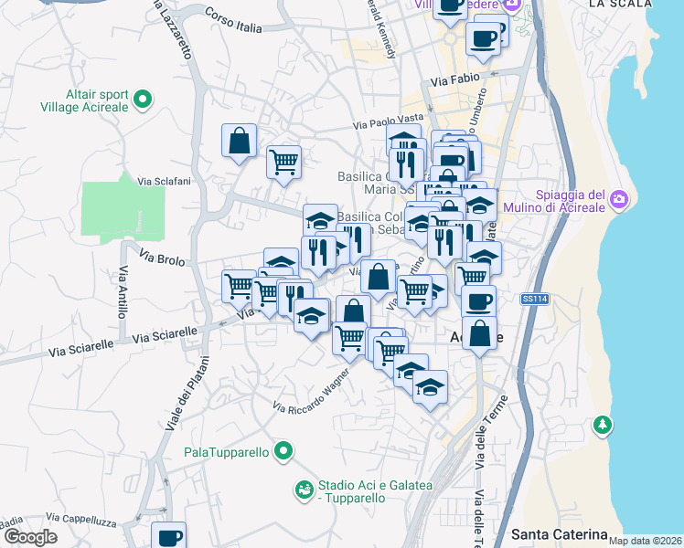 map of restaurants, bars, coffee shops, grocery stores, and more near 5 Via Giuseppe Verdi in Acireale