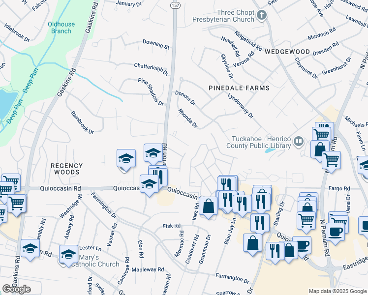 map of restaurants, bars, coffee shops, grocery stores, and more near 9405 Sir Barry Drive in Richmond