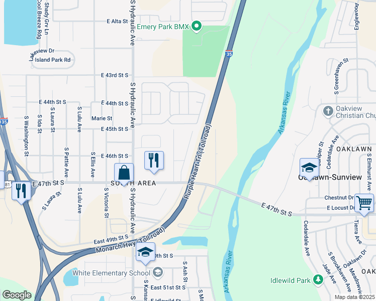 map of restaurants, bars, coffee shops, grocery stores, and more near Kansas Turnpike in Wichita