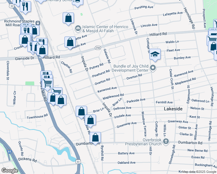 map of restaurants, bars, coffee shops, grocery stores, and more near 2908 Kenwood Avenue in Richmond