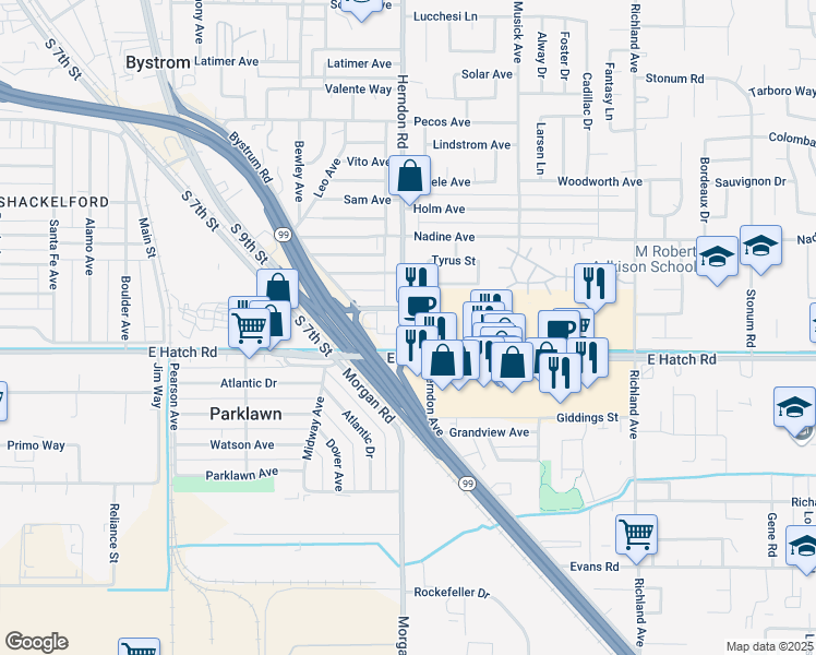 map of restaurants, bars, coffee shops, grocery stores, and more near 34 East Hatch Road in Modesto