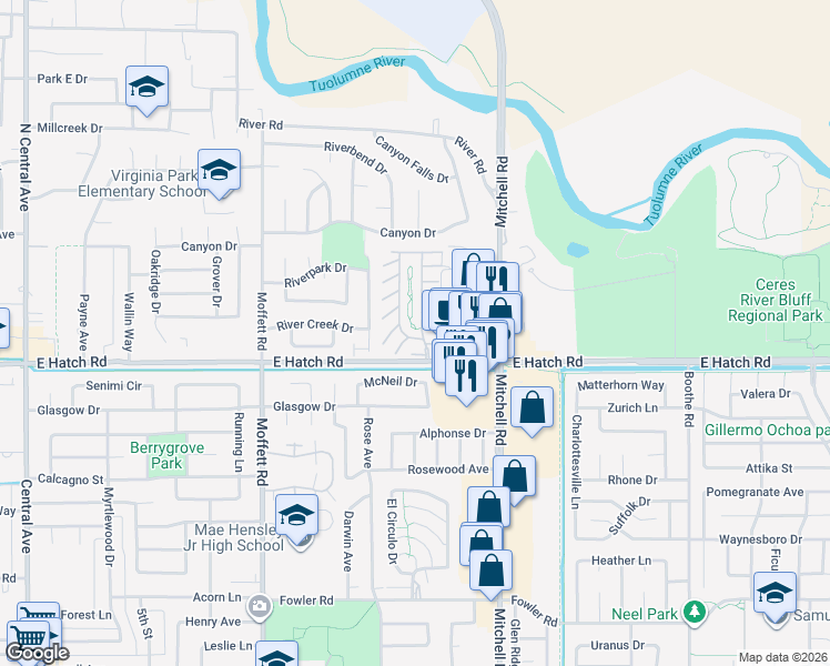 map of restaurants, bars, coffee shops, grocery stores, and more near 148 West Voyagers Cove Circle in Modesto
