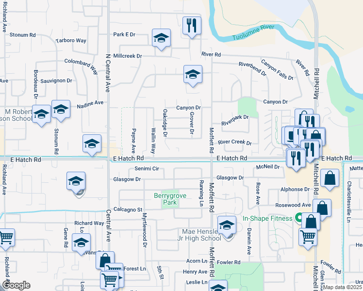 map of restaurants, bars, coffee shops, grocery stores, and more near 2453 East Hatch Road in Modesto