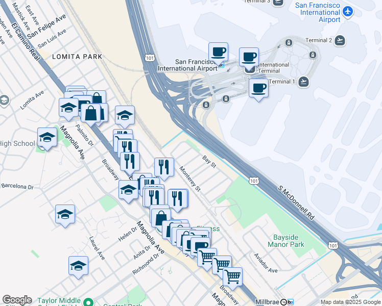 map of restaurants, bars, coffee shops, grocery stores, and more near 307 Cedar Street in Millbrae