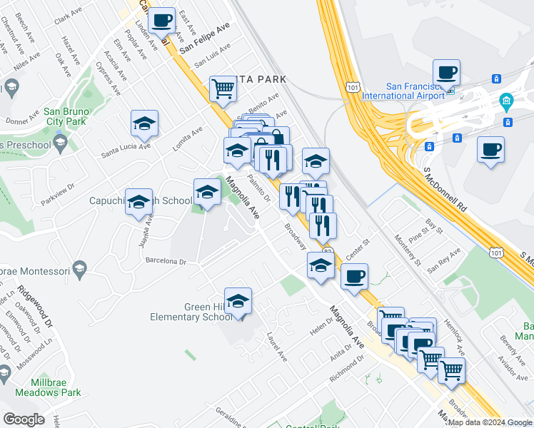 map of restaurants, bars, coffee shops, grocery stores, and more near 223 Millwood Drive in Millbrae