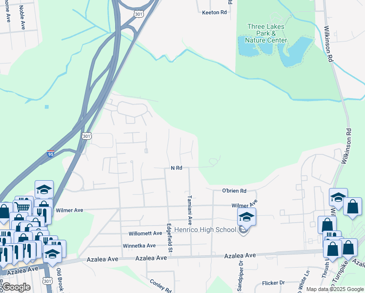 map of restaurants, bars, coffee shops, grocery stores, and more near 5429 Stone Lane in Richmond