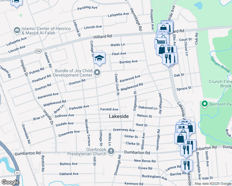map of restaurants, bars, coffee shops, grocery stores, and more near 2603 Maplewood Road in Richmond