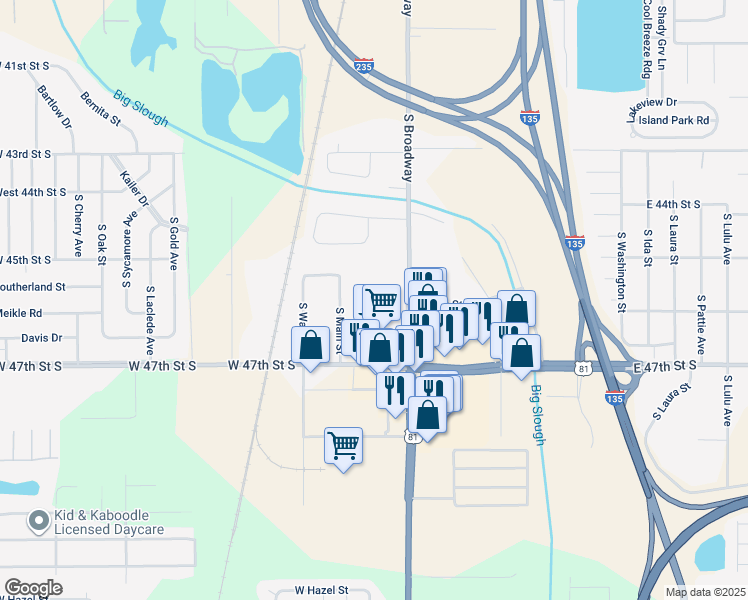 map of restaurants, bars, coffee shops, grocery stores, and more near 4747 South Broadway Avenue in Wichita