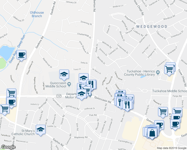 map of restaurants, bars, coffee shops, grocery stores, and more near 74 Dehaven Drive in Henrico