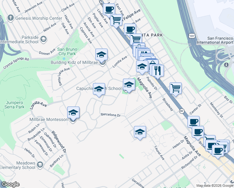 map of restaurants, bars, coffee shops, grocery stores, and more near 412 Park Boulevard in Millbrae