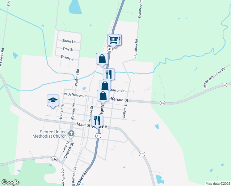 map of restaurants, bars, coffee shops, grocery stores, and more near 7600 Jefferson Street in Sebree