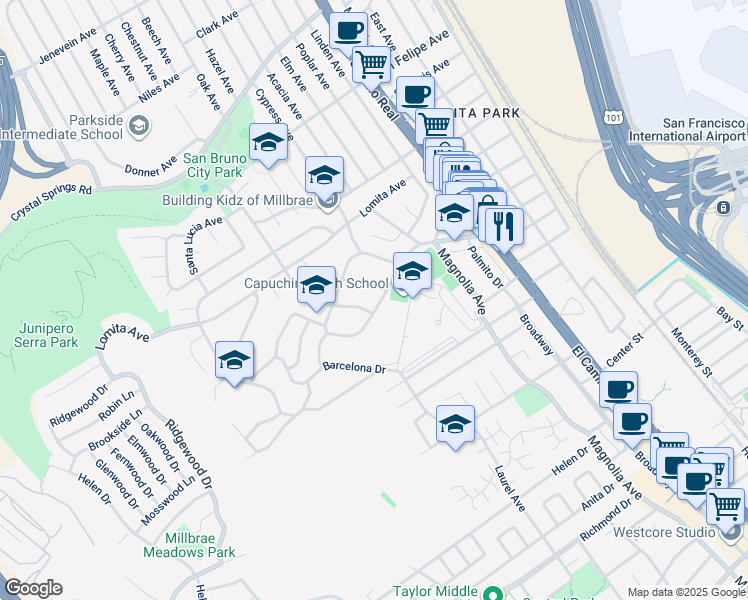 map of restaurants, bars, coffee shops, grocery stores, and more near 412 Park Boulevard in Millbrae