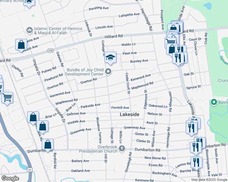 map of restaurants, bars, coffee shops, grocery stores, and more near 2622 Maplewood Road in Henrico