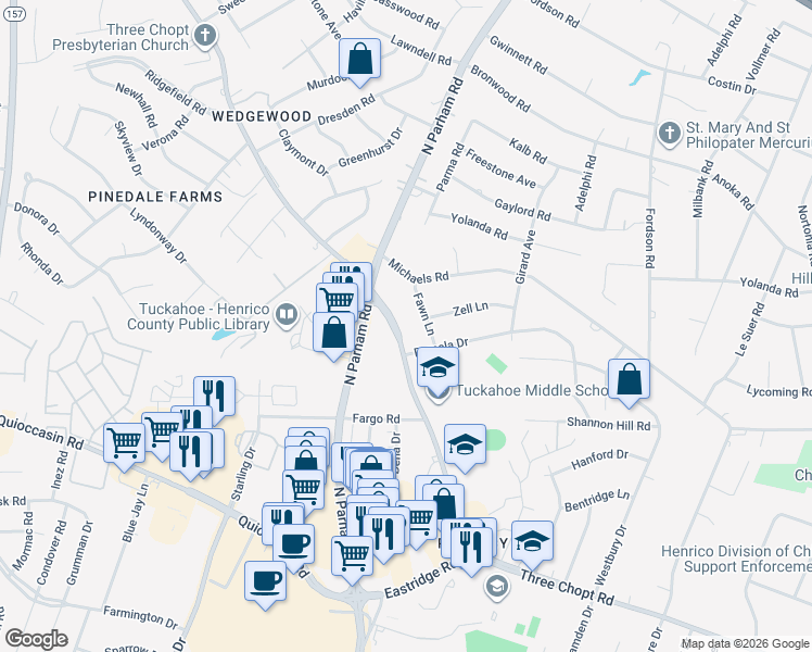 map of restaurants, bars, coffee shops, grocery stores, and more near 9012 Fawn Lane in Richmond