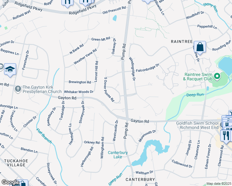 map of restaurants, bars, coffee shops, grocery stores, and more near 10604 Dover Pointe Road North in Henrico