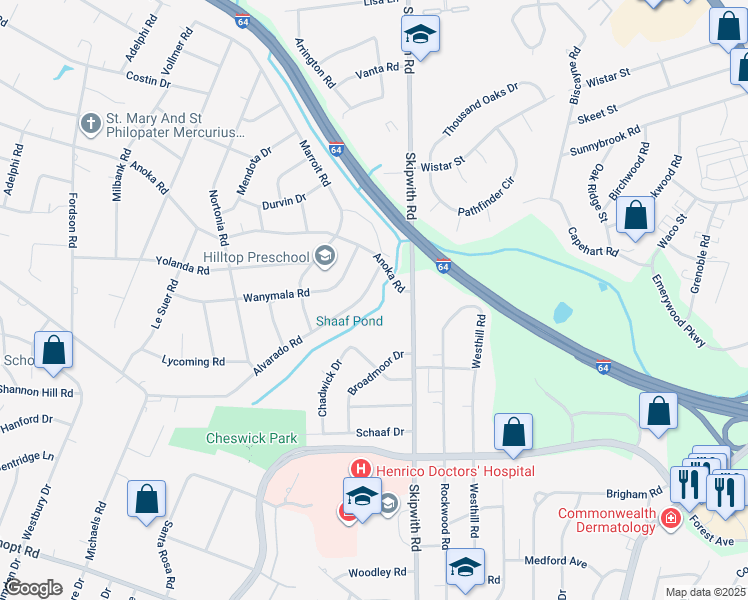 map of restaurants, bars, coffee shops, grocery stores, and more near 7609 Alvarado Road in Richmond