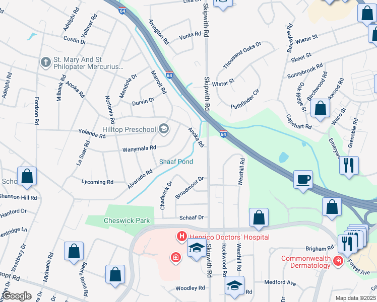 map of restaurants, bars, coffee shops, grocery stores, and more near 7609 Alvarado Road in Richmond