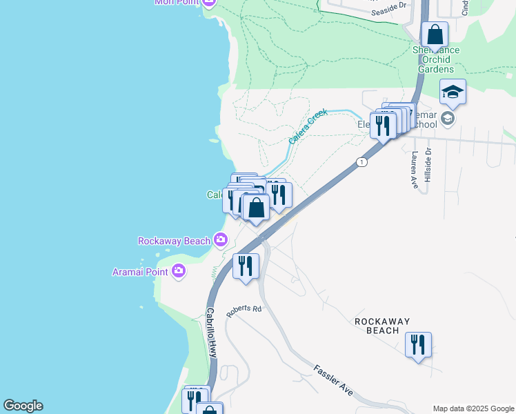 map of restaurants, bars, coffee shops, grocery stores, and more near 651 San Marlo Way in Pacifica