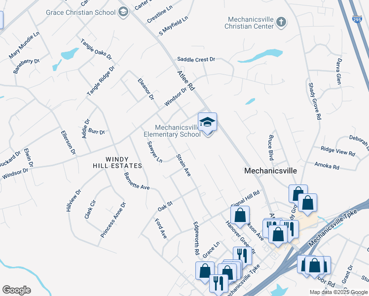 map of restaurants, bars, coffee shops, grocery stores, and more near 7387 Sunshine Court in Mechanicsville