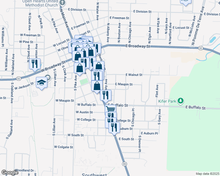 map of restaurants, bars, coffee shops, grocery stores, and more near 431 South Boston Avenue in Bolivar
