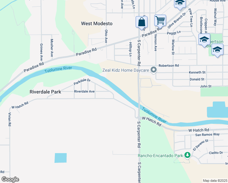 map of restaurants, bars, coffee shops, grocery stores, and more near 2405 Parkdale Drive in Modesto