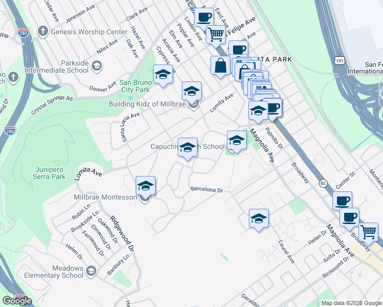 map of restaurants, bars, coffee shops, grocery stores, and more near 539 Santa Florita Avenue in Millbrae