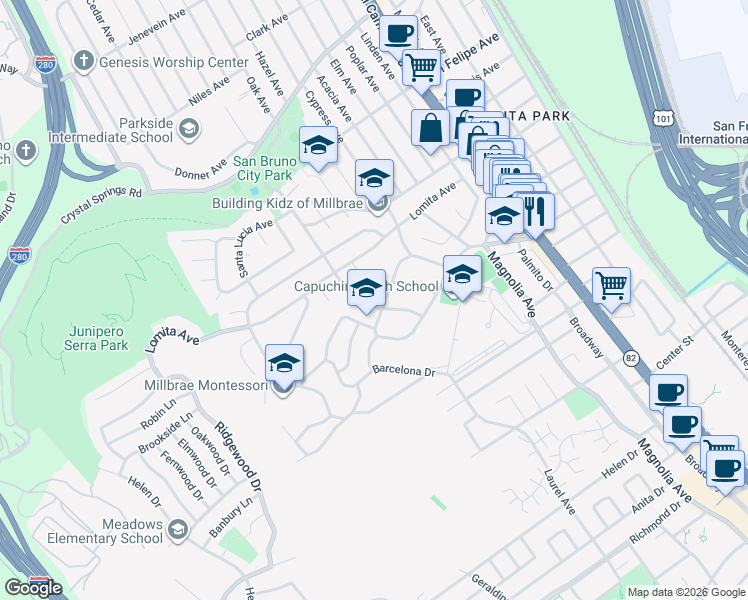 map of restaurants, bars, coffee shops, grocery stores, and more near 539 Santa Florita Avenue in Millbrae