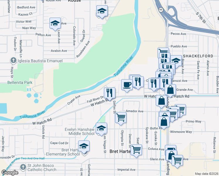 map of restaurants, bars, coffee shops, grocery stores, and more near 624 Crater Avenue in Modesto