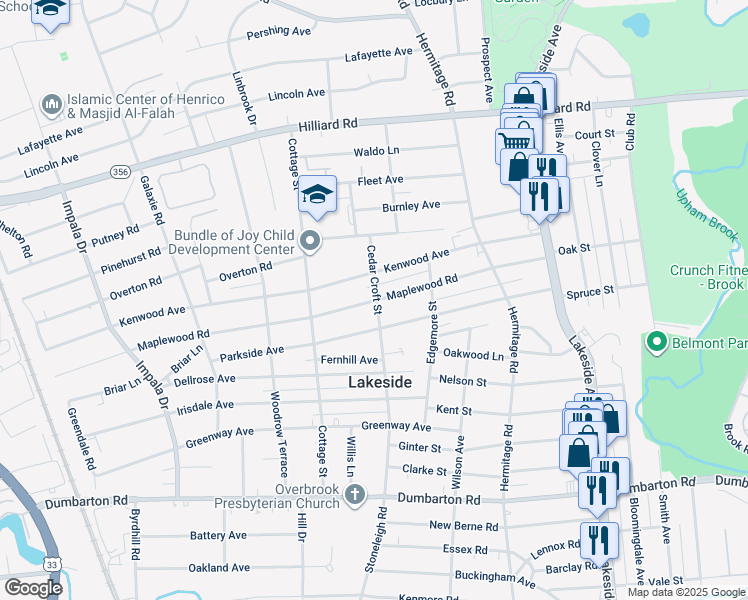 map of restaurants, bars, coffee shops, grocery stores, and more near 2600 Maplewood Road in Henrico