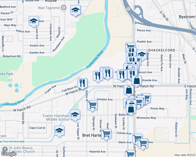 map of restaurants, bars, coffee shops, grocery stores, and more near 521 West Hatch Road in Modesto