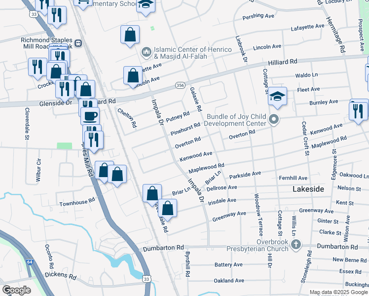 map of restaurants, bars, coffee shops, grocery stores, and more near 2919 Overton Road in Richmond