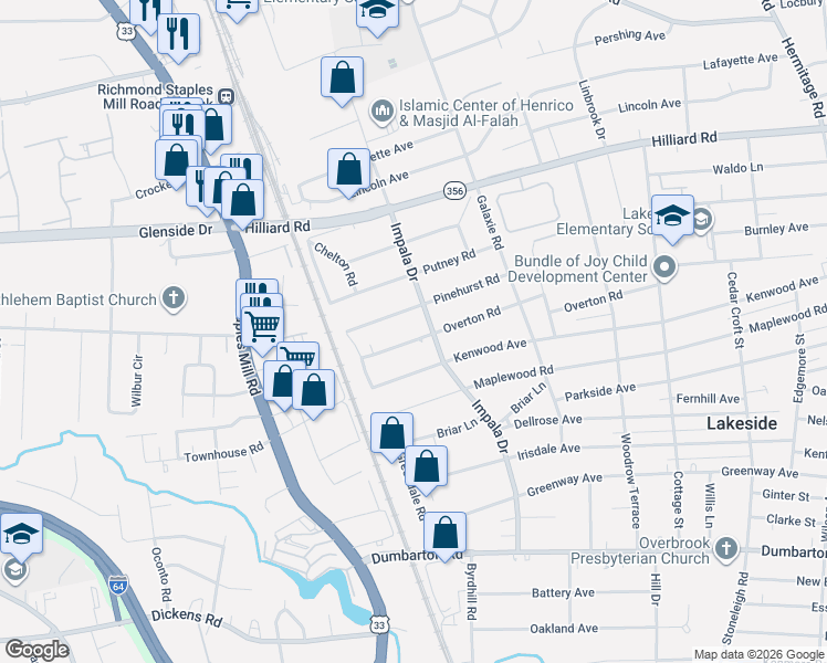 map of restaurants, bars, coffee shops, grocery stores, and more near 3005 Pinehurst Road in Richmond