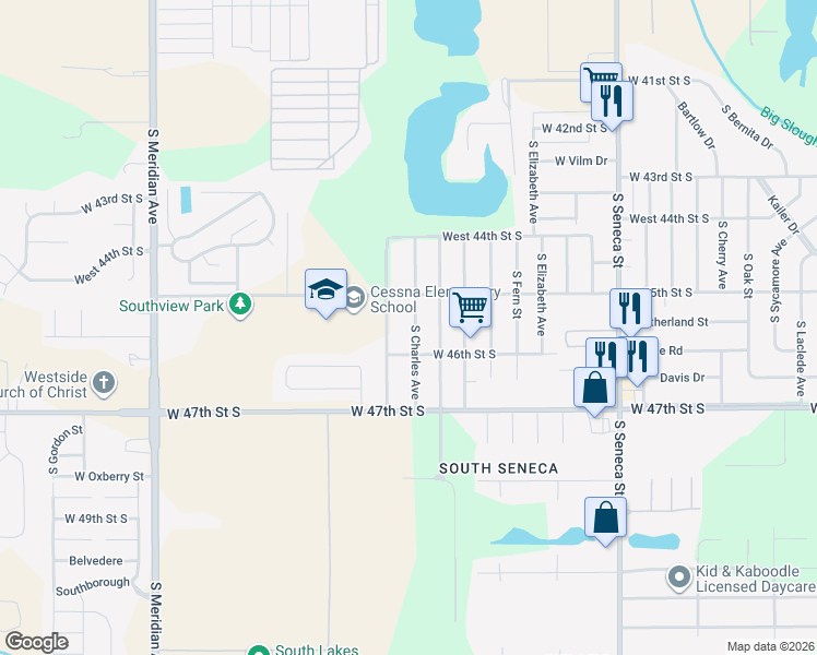 map of restaurants, bars, coffee shops, grocery stores, and more near 4635 South Charles Avenue in Wichita