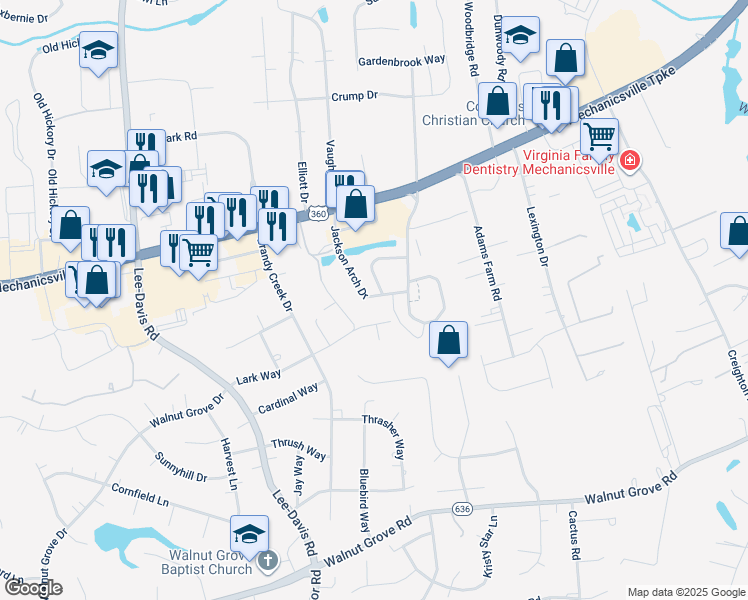 map of restaurants, bars, coffee shops, grocery stores, and more near 7261 Jackson Arch Drive in Mechanicsville