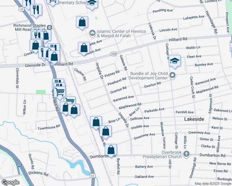 map of restaurants, bars, coffee shops, grocery stores, and more near 2919 Overton Road in Richmond