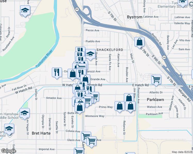 map of restaurants, bars, coffee shops, grocery stores, and more near 214 Barozzi Avenue in Modesto
