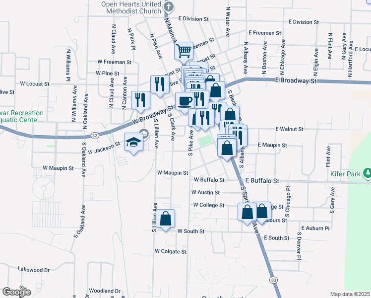 map of restaurants, bars, coffee shops, grocery stores, and more near 307 South Pike Avenue in Bolivar