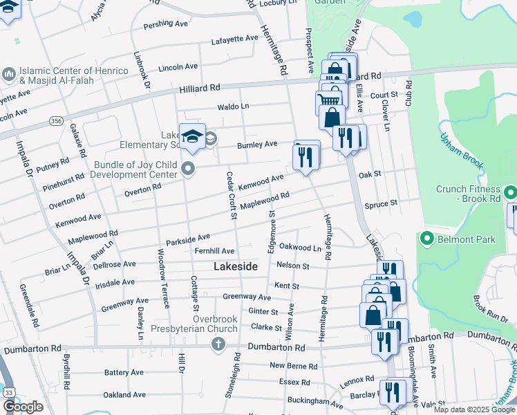 map of restaurants, bars, coffee shops, grocery stores, and more near 2509 Maplewood Road in Henrico
