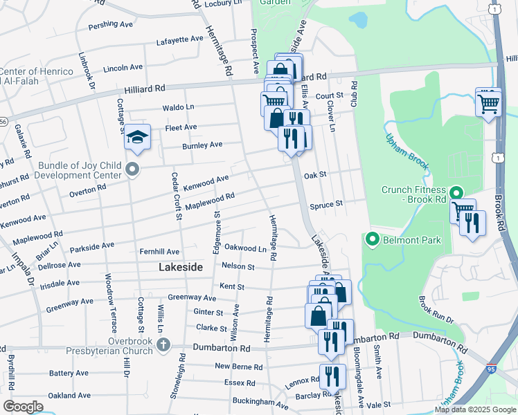 map of restaurants, bars, coffee shops, grocery stores, and more near 2202 Parkside Avenue in Henrico